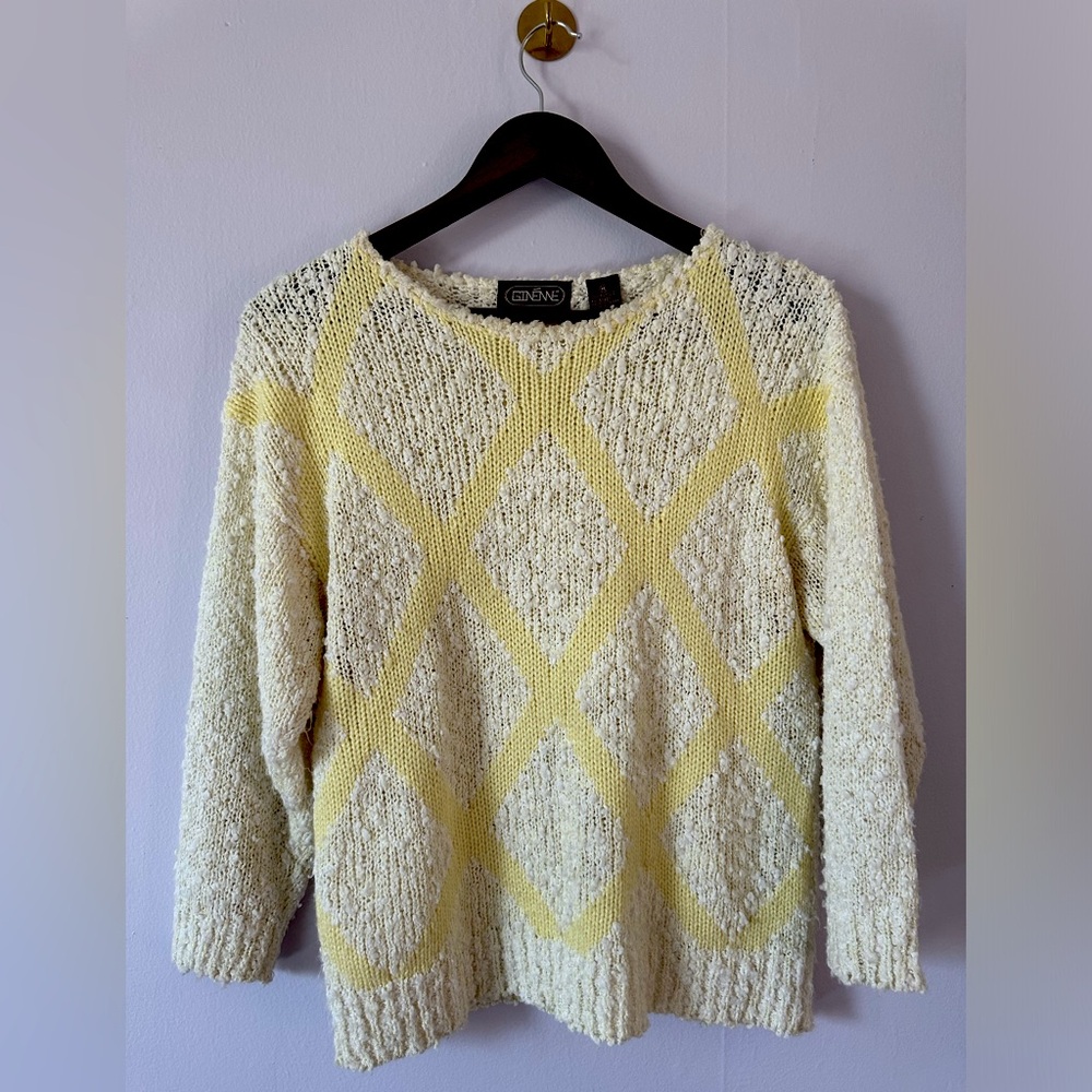 Vintage Ginenne yellow & cream sweater Medium checkered acrylic 80s knit